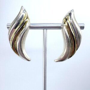 Two Tone Sterling Silver 925 Modernist Wave Design Dangle Earrings 1.75" Length